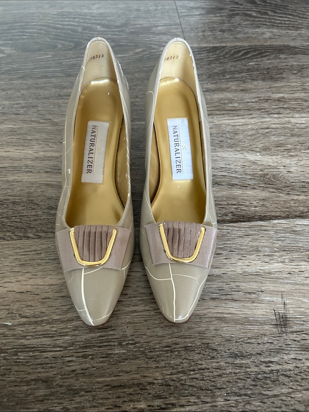 Naturalizer Taupe Patent Pointed-Toe Pumps with Pleated Bow and Gold Accent